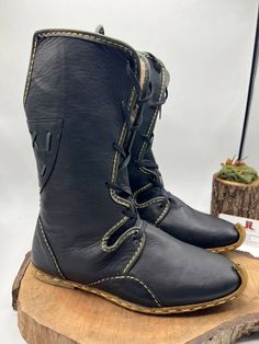 This is handmade genuine leather custom made men's boots.   Our processing time 2-10 bussines days, But must of time we are shipping your order very earlier. ( express shipping, Fedex, Ups, Dhl, Tnt ) Every size available.  Made with natural leather and leather sole. Handmade and handstitched. Very comfy and useful. Only natural and top quality materials used.  Flexible.  We have door to door express shipping service.  If you have any questions please contact with us.  bemyboots.etsy.com Thank Y Traditional Black Boots With Leather Sole, Handmade Black Leather Boots, Traditional Black Leather Boots, Handmade Leather Boots With Snip Toe, Medieval Leather Boots With Leather Sole, Viking Leather Boots With Leather Sole, Viking Leather Lace-up Boots, Viking Style Lace-up Leather Boots, Medieval Leather Shoes For Larp