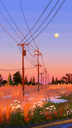 an image of power lines in the sky and grass at sunset or dawn with water running through it