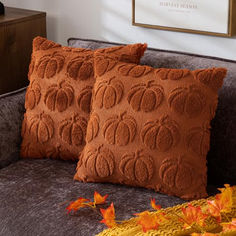 two decorative pillows on a couch with autumn leaves