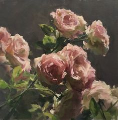 an oil painting of pink roses in a vase