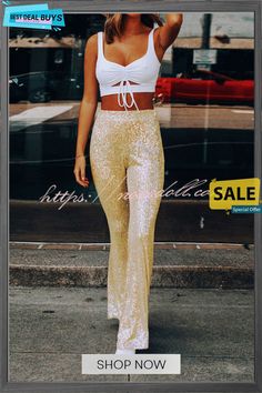 Sequin Flare Leg Pants Gold Stretch Full Length Bottoms, Gold Pants For Night Out In Summer, Spring Stretch Gold Pants, Spring Stretch Sequin Bottoms, Spring Sequined Stretch Bottoms, Spring Sequin Stretch Bottoms, Gold Long Pants For Summer, Gold Pants For Summer Party, Gold Wide Leg Pants For Summer