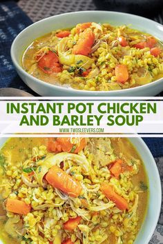 instant pot chicken and barley soup with carrots, corn and noodles in a white bowl