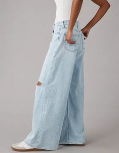 AE Dreamy Drape Stretch Ripped Baggy Ultra Wide-Leg Super High-Waisted Jean Summer High Rise Baggy Wide Leg Pants, Oversized Full-length Summer Pants, Chic Wide Leg Flare Jeans For Streetwear, Oversized Wide Leg Bottoms For Streetwear, Oversized High Rise Bottoms For Fall, Oversized Wide-leg Bottoms For Streetwear, Chic Baggy Wide-leg Flare Jeans, Loose Fit Wide Leg Pants For Spring Streetwear, Baggy Wide Leg Pants For Streetwear