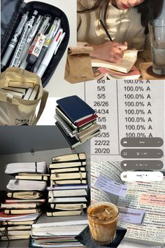 a collage of photos with books, pens and notebooks in them on a table