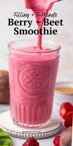 Made a stunning shade of pink by strawberries, raspberries, fruits, cooked beets, this filling smoothie is full of protein fiber! #veggieloaded Berry Beet Smoothie, Beets Smoothie Recipes, Cooked Beets, Natural Nurturer, Filling Smoothie, Cooking Beets, Coconut Milk Yogurt, Banana Frozen, Healthy Beverages