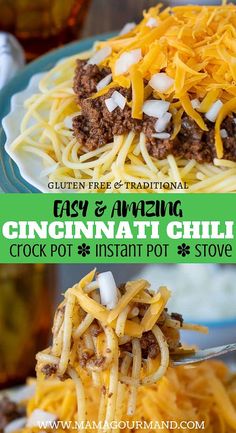 an easy and amazing crock pot instant pot chili recipe with ground beef, cheesy cheese, and onions