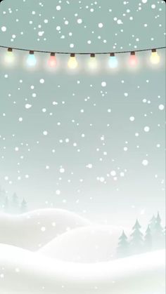 a snowy scene with lights strung over the top and trees in the foreground, snow falling down on the ground