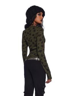 Learn about evil numbers while wearing this top that has a stretchy waffle knit construction, an all over floral print, snap button placket on the front, and a lettuce hem. Fitted All Over Print Tops For Fall, Edgy Green Tops For Fall, Grunge Green Tops For Fall, Fitted Green Jacquard Knit Top, Dolls Kill, Long Sleeve Knit Tops, Waffle Knit, Exclusive Collection, Gothic Fashion