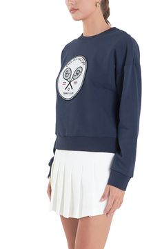 Tap into preppy style with this tennis-themed sweatshirt punctuated by an embroidered logo patch. Crewneck Ribbed cuffs and hem 100% cotton with 95% cotton, 5% spandex contrast Hand wash, dry flat Imported Sporty Long Sleeve Top With Appliqué Logo, Fall Crew Neck Top With Appliqué Logo, Casual Sweatshirt With Appliqué Logo For Fall, Casual Crew Neck Sweatshirt With Appliqué Logo, Collegiate Crew Neck Sweatshirt With Logo Detail, Sporty Long Sleeve Sweatshirt With Logo Patch, Sporty Long Sleeve Sweatshirt With Appliqué Logo, Casual College Sweatshirt With Logo Detail, Sporty Crew-neck Top With Logo Patch