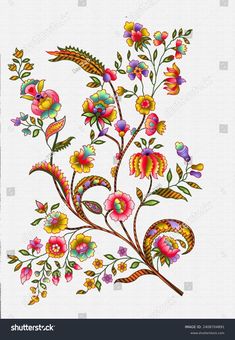 an artistic floral design on white paper with colorful flowers and leaves in the center,