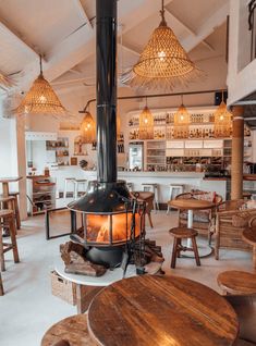 a wood burning stove sitting in the middle of a room filled with tables and chairs