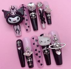 Glamgoth Nails, Goth Acrylic Nails, Sanrio Nails, Black Acrylic Nail Designs, Black Acrylic Nails, Really Cute Nails, Fancy Bags, Dream Nails