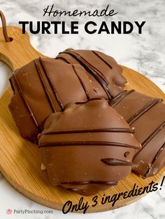 homemade turtle candy on a wooden board with the words, homemade turtle candy only 3 ingredients