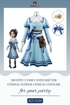 Identity V Emily Dyer Doctor Eternal Flower Cosplay Costume Hallowcos Blue Anime Print Cosplay Costume For Themed Events, Blue Themed Costumes For Fantasy Events, Themed Blue Costumes For Fantasy Events, Blue Fantasy Cosplay Costume For Cosplay Events, Blue Fantasy Cosplay Costume For Events, Anime Style Blue Cosplay Costume For Themed Events, Blue Anime Costume For Fantasy Events, Anime Cosplay Costume For Fan Conventions, Blue Fantasy Cosplay Costume