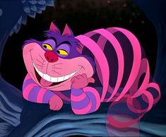 an animated cat with pink and purple stripes on it's body, smiling for the camera