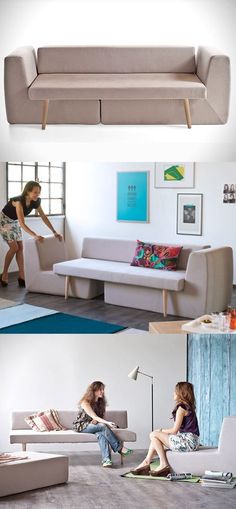 a woman moving furniture into a room with blue and green rugs on the floor