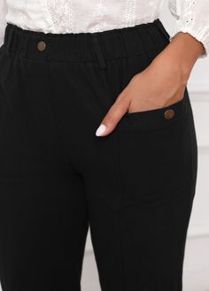 Casual High Waist Dress Pants With Buttons, Black Casual Dress Pants With Button Closure, Casual Black Dress Pants With Button Closure, Non-stretch Ankle-length Pants With Buttons, Black Pants With Button Zip Fly For Work, Non-stretch Black Bottoms With Button Closure, Stretch Ankle-length Pants With Button Closure, Casual Stretch Bottoms With Button Cuffs, Black Casual Bottoms With Button Cuffs