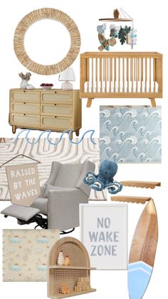 a baby's room with blue and white decor, including a crib, rocking chair, dresser, wall hangings, and other items