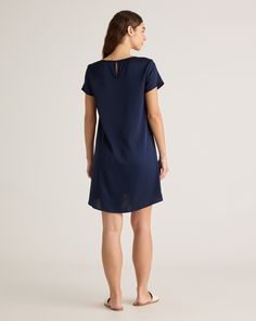 Slinky, simple and versatile. Always chic, never fussy, this dress is an easy win every time. Made from mulberry silk with a little stretch, our silk is washable for low-maintenance ease. Plus, silk fiber contains 18 kinds of amino acids that make it amazing for skin nourishment, hypo-allergenic, and naturally thermoregulating to help maintain body temperature.  | Quince | Women's 100% Washable Silk Stretch T-Shirt Dress in Navy, Size Medium Casual Short Sleeve Dresses For Business Casual, Relaxed Fit Viscose Dress For Work, Silk Fiber, Silk Tee, Silk T Shirt, Body Temperature, Tee Dress, Mulberry Silk, Quince