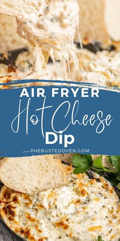 an air fryer hot cheese dip with bread and parsley