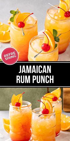 two glasses filled with orange rum punch and garnished with cherries on the rim