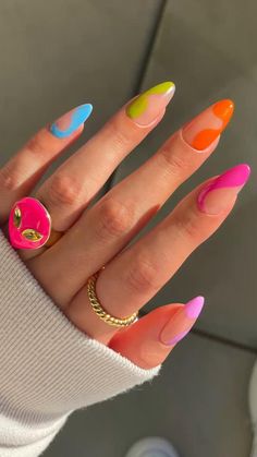 Colorful Gel X Nails, Nails For Pride Month, Summer Almond Nails 2024, Nail Designs Summer Neon, Nails And Rings, Nails Yellow