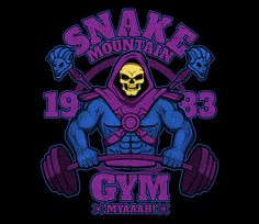 the logo for snake mountain gym, which features a skull with a barbell on it