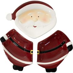 santa claus face on two red and white dishes