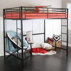 a loft bed with a desk underneath it and a chair in the corner next to it