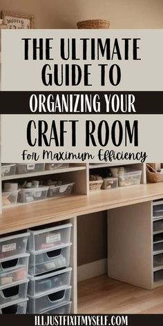 Organized craft room with neatly labeled storage bins and shelves. Office Craft Room Storage, Craft Room Office Organization, Shelving Ideas For Craft Room, Organizing My Art Supplies, Art Organizers Storage, Craft Room Shelves Organization, Low Budget Craft Room, Shelf Organization Ideas Office, Crafting Room Organization