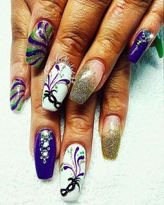 43 Fantastic Mardi Gras Nail Art Designs Carnival Nails, Bday Nails, Fingernail Art, Mardi Gra, Gel Nail Art Designs, Vibrant Nails, Seasonal Nails