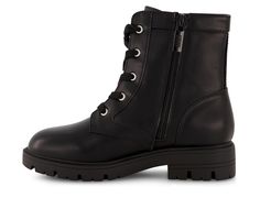 PU Logo upper, Lace up/Side Zip closure,3/4\ heel, Closed Almond toe, Cushioned footbed, Rubber outsole | Girls' DKNY Little Kid & Big Kid Stassi Miley Boot in Black Size 12 - Little Kid Shoe Carnival, Girls Boots, Big Kid, Boots Black, Lace Up Boots, Big Kids, Size 13, Side Zip