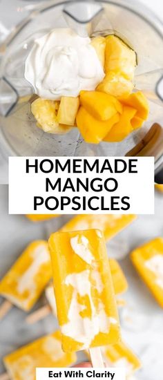 homemade mango popsicles with whipped cream on top and the title overlay reads, homemade mango popsicles