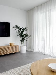 a large flat screen tv mounted to the side of a wall next to a potted plant