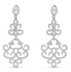 18kt White Gold Diamond Chandelier Earrings (3.75 ctw) Luxury Silver Fusion Diamond Earrings, Luxury White Gold Diamond Earrings With Intricate Design, Exquisite Diamond Chandelier Earrings For Pierced Ears, Fine Jewelry Diamond Chandelier Earrings, Diamond Chandelier Earrings For Pierced Ears, Dazzling Diamond Chandelier Earrings With Elegant Design, Dazzling Diamond Chandelier Earrings, Fine Jewelry Diamond Chandelier Earrings Round Shape, Dazzling Diamond Pierced Earrings