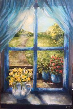 a painting of a window with blue curtains and yellow flowers in the vase on the windowsill