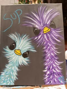 an acrylic painting of two ostriches with purple feathers and yellow beaks