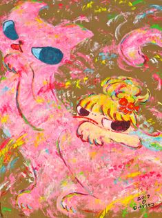 an abstract painting with pink and yellow colors on it's face, in the shape of a dog