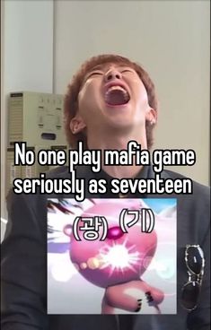 a man laughing and holding up a video game controller with the caption no one play mafia game seriously as seventeen