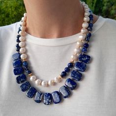 Lapis lazuli and pearl necklace. Big beaded necklace. Chunky statement gemstone necklace for women. Large handmade necklace with big bead and gemstone. Big bold bohemian bright necklace in gold color are suitable for an casual look, evening look and for a holiday. These necklace will be a good Christmas, anniversary, wedding or birthday gift for mom, wife, girlfriend, sister or daughter. Women's necklace with natural stone. It emphasizes the beauty of your neck and adds charm to your look. FAST Handmade Elegant Lapis Lazuli Beaded Necklaces, Chunky Jewelry Necklace, Statement Gemstone Necklace, Bold Bohemian, Bright Necklace, Large Bead Necklace, Necklace Mom, Pearl Statement Necklace, Women's Necklace