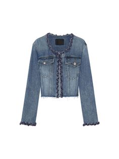 MO&Co. Women's Cropped Collarless Denim Jacket Crafted from premium cotton denim, our denim jacket exudes effortless style and sophistication. The collarless design, along with its hand-woven trim and raw hem for a unique and edgy look. Wear it with coordinating jeans. Features : - Short denim silhouette- Webbing bordure, raw hem details- Front pockets, collarless design Code: MBD1JKT011 & MBD1JKT035The back length of size S is 45cmMATERIALS & CARE Material: 100% CottonPlease put it into a mesh Collarless Denim Jacket, Short Denim, Black Denim Jacket, Edgy Look, Mesh Bag, Wear It, Women Crop, Effortless Style, Hand Woven