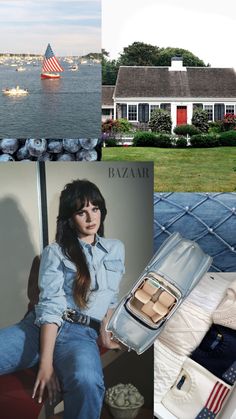 a woman sitting on a bed next to a house and an american flag in the background