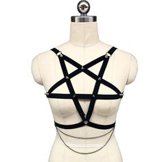 Pentagram Spiked Harness - Goth Mall Adjustable Strapped Punk Harness, Black Punk Harness For Festival, Edgy Black Harness For Festivals, Black Punk Style Festival Harness, Gothic Party Harness With Straps, Edgy Party Harness With Straps, Adjustable Strapped Gothic Harness, Edgy Strapped Harness For Parties, Edgy Strapped Party Harness