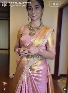 Pink Pattu Saree Blouse Designs, South Indian Reception Look, Pattu Border Blouse Designs Latest, Pastel Pink Blouse Design, Baby Pink Pattu Saree, Engagement South Indian, Pink Saree Styling, Pastel Pink Saree Silk, Pastel Pattu Saree