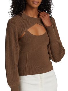 Knit To A Layered Effect, Dh New York's Pieced Shrug And Tank Combo Has A Soft Ribbed Texture. Crewneck Long Sleeves With Extended Rib Cuffs Pullover Style Cut-Out Bust And Back Nylonundefined Fitted Brown Open Knit Tops, New York Crewneck, Knit Shrug, Twin Set, Saks Fifth, Saks Fifth Avenue, Pullover Styling, New Arrivals, Cut Out