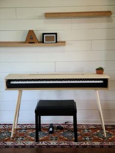 a piano sitting on top of a rug next to a shelf with a potted plant