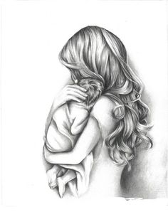 a pencil drawing of a woman's face with her hands on her chest and shoulder