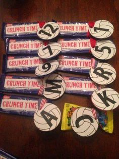 candy bar wrappers with the number six on them are laid out in front of each other