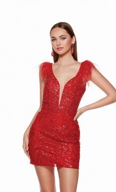 A vibrant red fitted homecoming dress with feather trim sleeves and an elegant open back. The dress is beautifully embellished with matching red sequins Feather Shoulders, Fitted Homecoming Dresses, Sequin Homecoming Dress, Embellished Cocktail Dress, Alyce Paris, Little Red Dress, Red Party, Lace Homecoming Dresses, Prom Girl