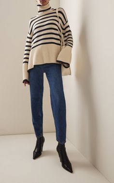 Signature Stripe Wool-Cotton Turtleneck Sweater By Toteme | Moda Operandi Striped Turtleneck Sweater, Toteme Sweater, Toteme Twisted Jeans, Toteme Striped Sweater, Other Stories Striped Sweater, Khaite Striped Sweater, Luxury Striped Winter Cardigan, Oversized Turtleneck Sweater, Oversized Turtleneck